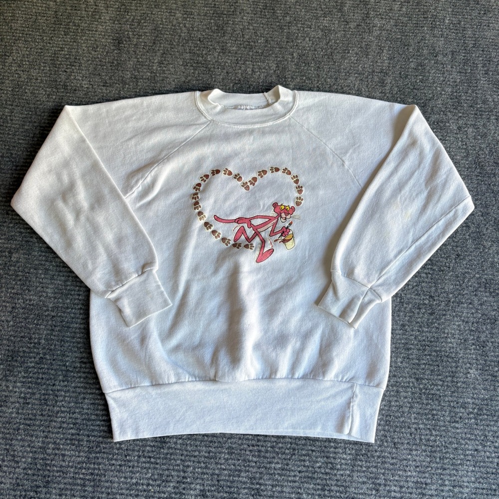 Vintage 1978 Pink Panther Pro Knit Sweatshirt Kids White Pom-Pom Girls USA Made